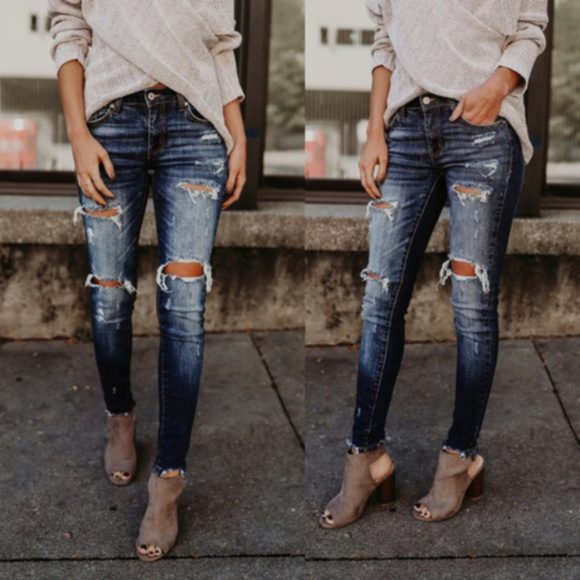 Denim - Dark Wash Distressed Skinny Jeans